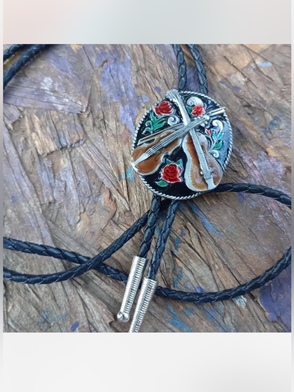 Black Braided Bolo Tie Necklace with Hand-Painted Floral and Guitar Slide - Picture 5 of 5